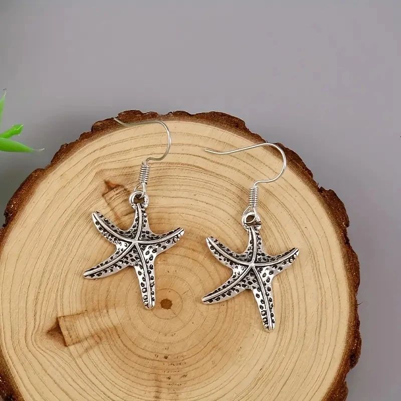 Ethnic Style Boho Silver Color Earrings for Women Starfish Metal Inlaid Dangle Earrings Jewelry Gift