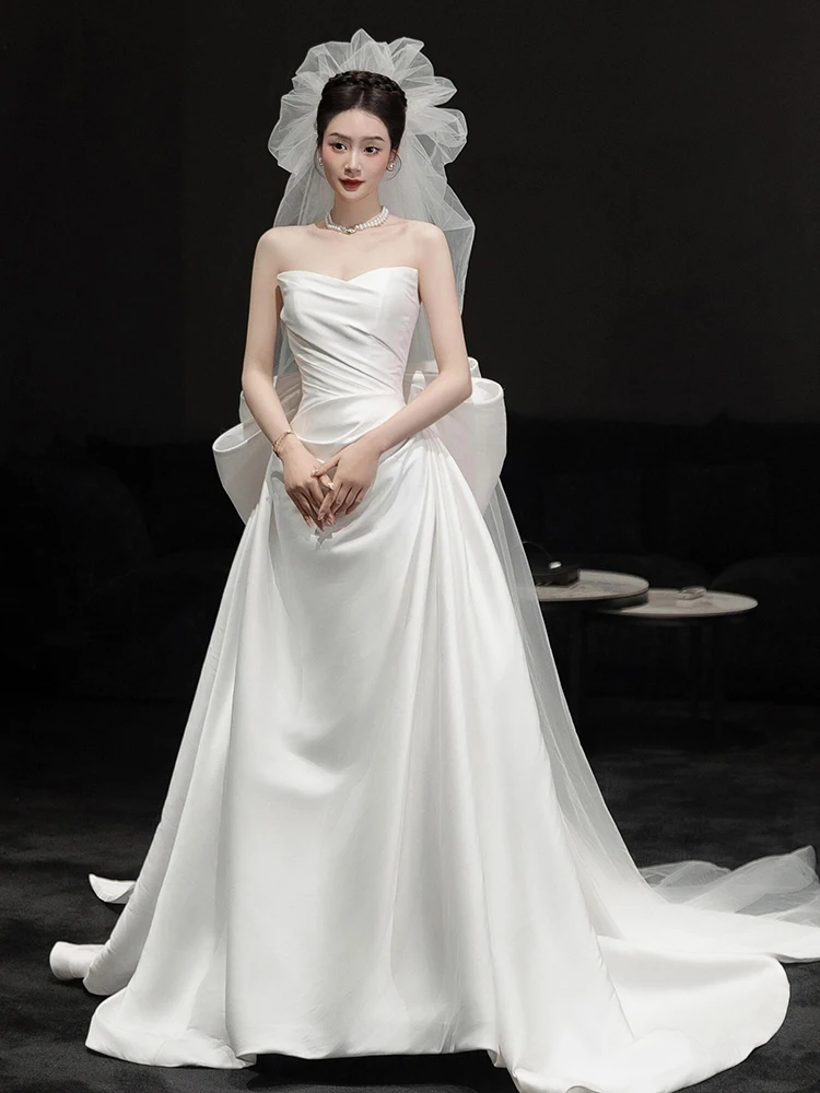 

Ele Simple White Bridal Gown with Train Satin Fabric Outdoor Wedding Dr Chic Forest System Light Strapl Wedding Dr