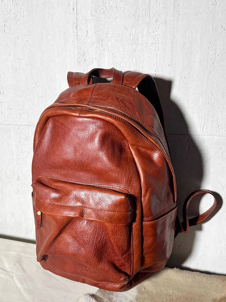 Simple luxury designer handmade genuine leather large capacity men's women's backpack outdoor travel cow leather laptop bagpack