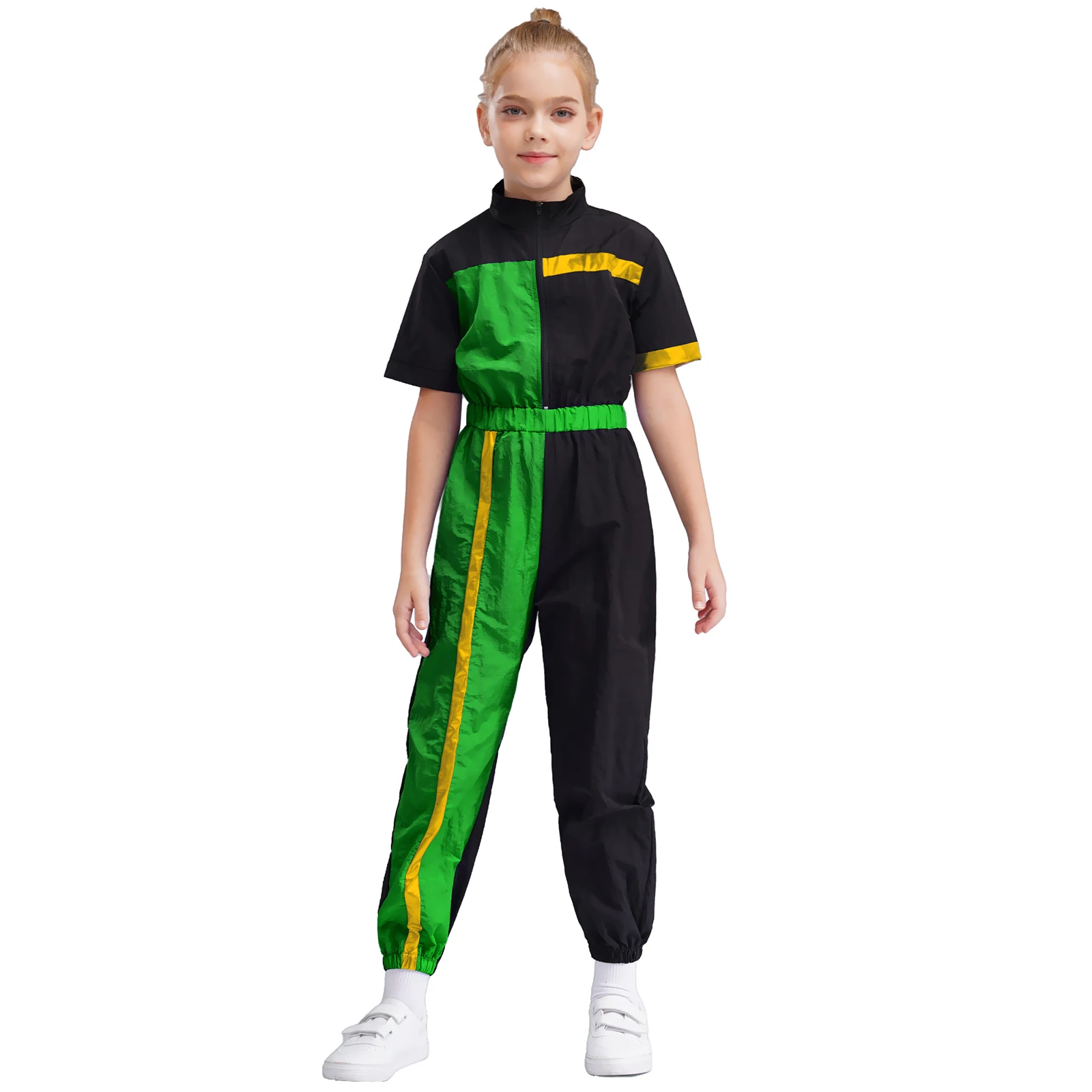 Kids Girls Jazz Hip-hop Dance Jumpsuit Color Block Short Sleeve Elastic Waist Rompers for Sports Gym Workout Exercise Running