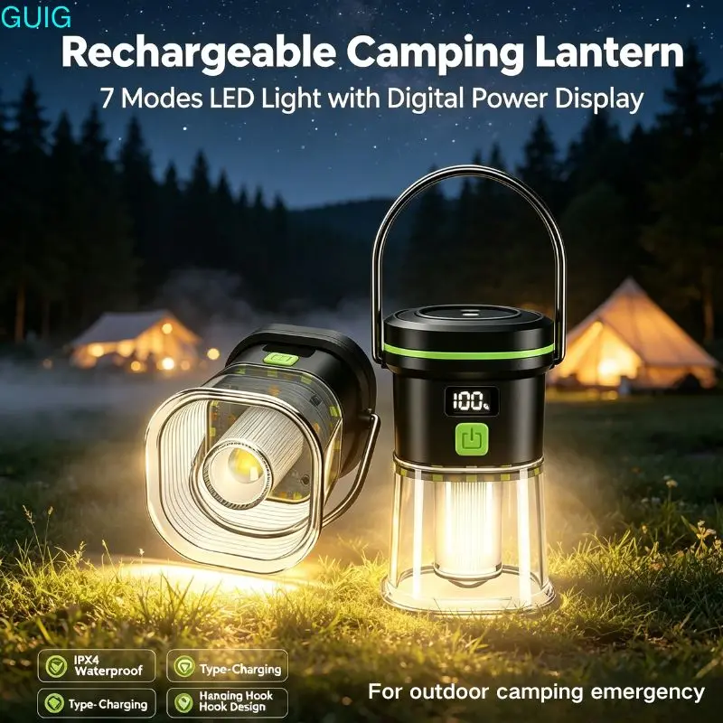 Portable Camping Light USB Rechargeable Camping Lantern Tents Lamp With Hook Digital Display For Outdoor Hiking Emergency Fishin