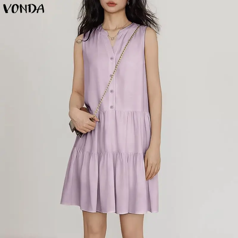 

Элегантное женское платье VONDA, плиссированное мини-платье, однотонное, с V-образным вырезом, с рюшами по низу, без рукавов, для офиса, вечеринок, уличной моды