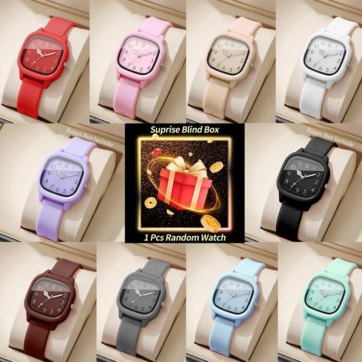 Surprise Blind Box Square Silicone Women Watch, Candy Color Casual Quartz Wristwatch for Girls Student Gift