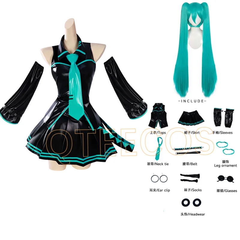

Черный кожаный классический костюм Мику для косплея, платье из лакированного латекса, аниме, униформа на Хэллоуин, наряды на складе