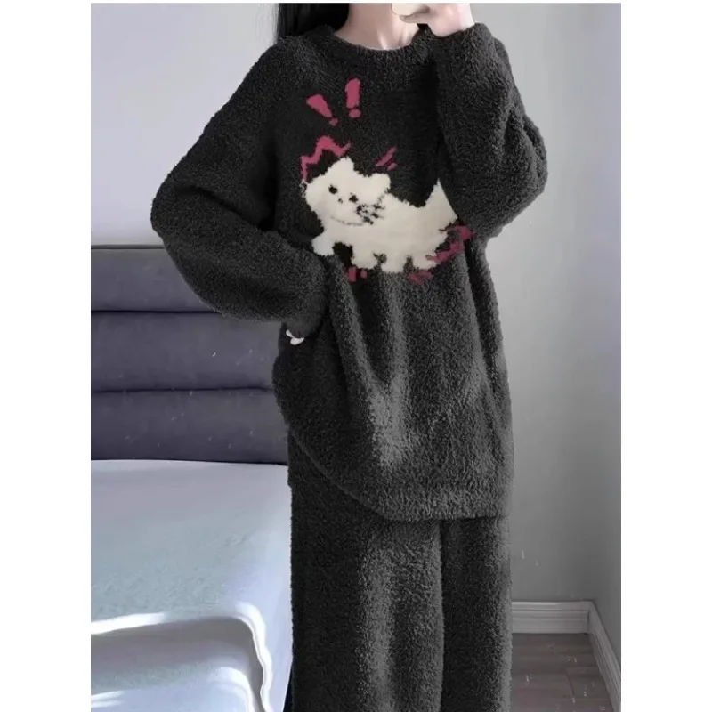 Women Winter Can Be Worn Outside New Coral Velvet Pajamas  Day Ins Simple Sweet  Thickened Half Side Velvet Casual Home Wear Set