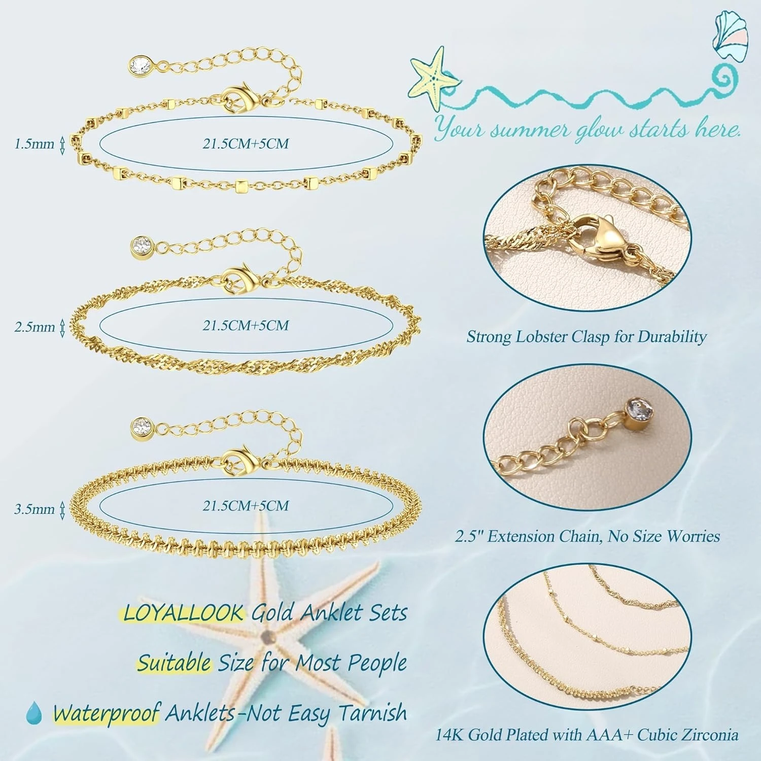 Layered Ankle Bracelets for Women Waterproof 14K Gold Plated Cuban Figaro Link Chain Beaded Anklets Set Dainty Foot Jewelry