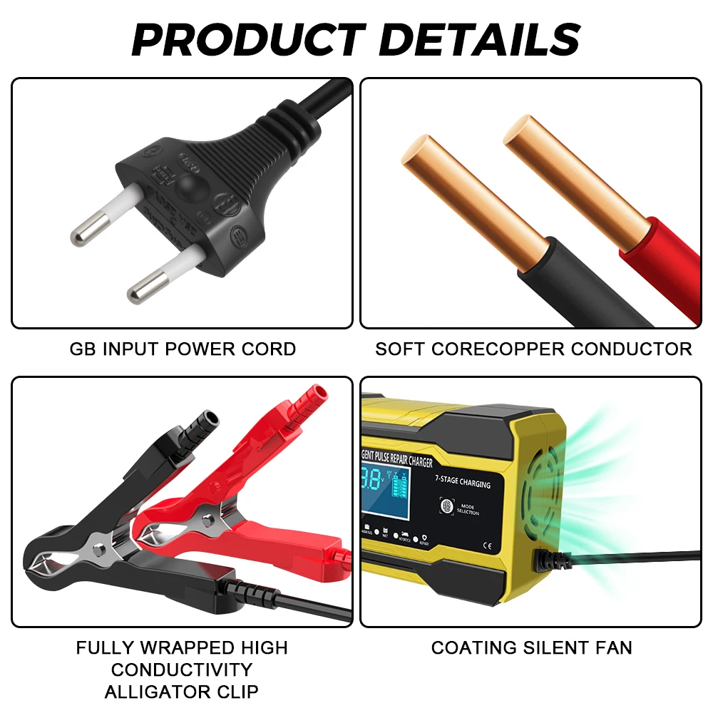 Full Automatic Car Battery Charger Auto Moto Lead Intelligent Wet Dry Lead Acid Battery 12V/ 24V Digital Display Battery Charger