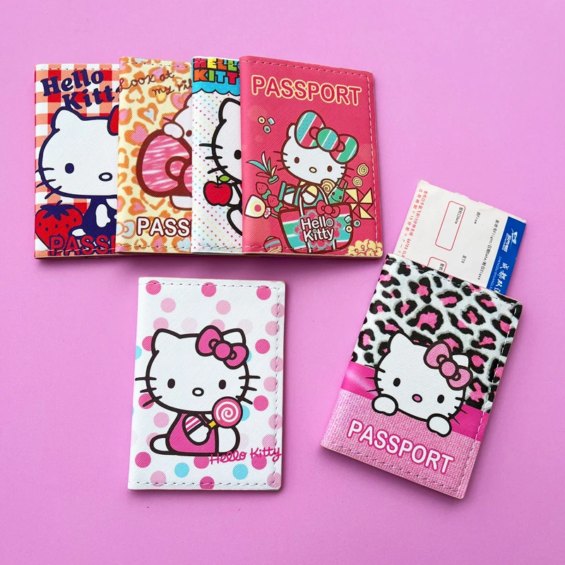 Cartoon HELLO KITTY Travel Passport Cover Wallet Unisex Business Multifunction Credit Card Purse Women\'s Organizer Passport Case