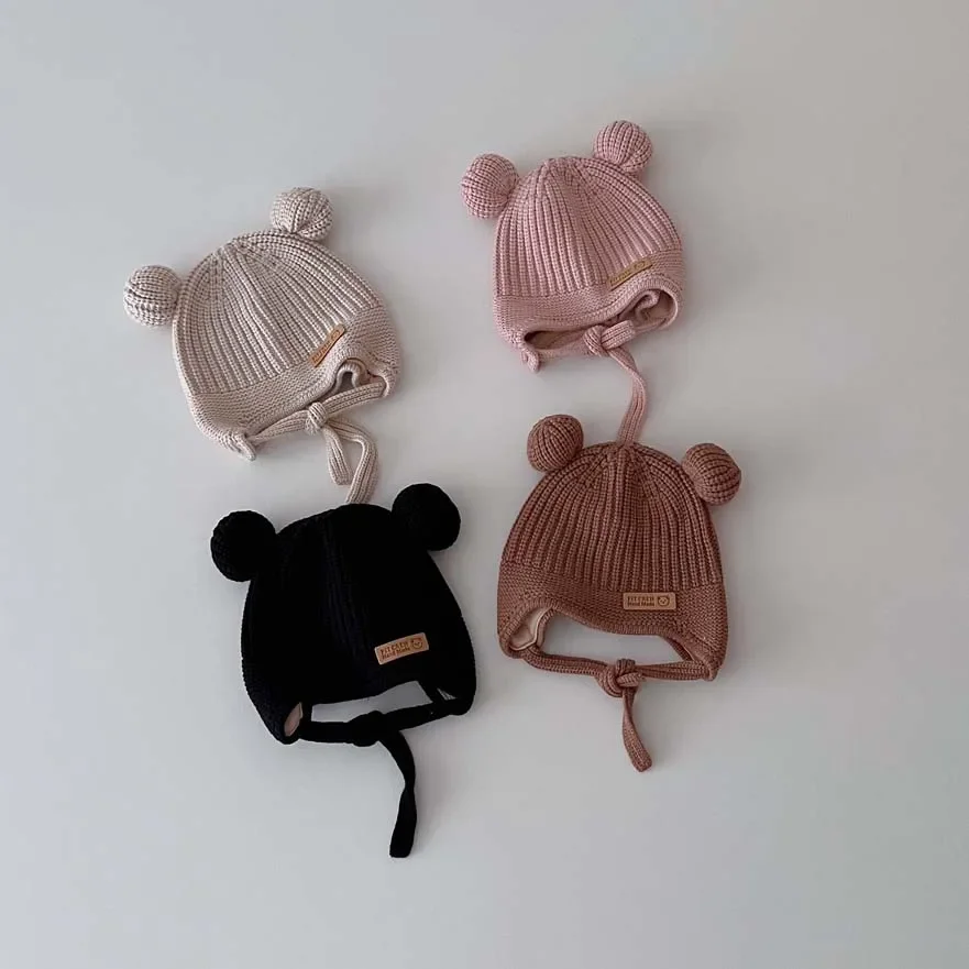 2023 Autumn Cute Kids Knitted Hat With Ear Children's Ear Protection Hat Baby Beanie Solid Color Pullover Knitted Hair