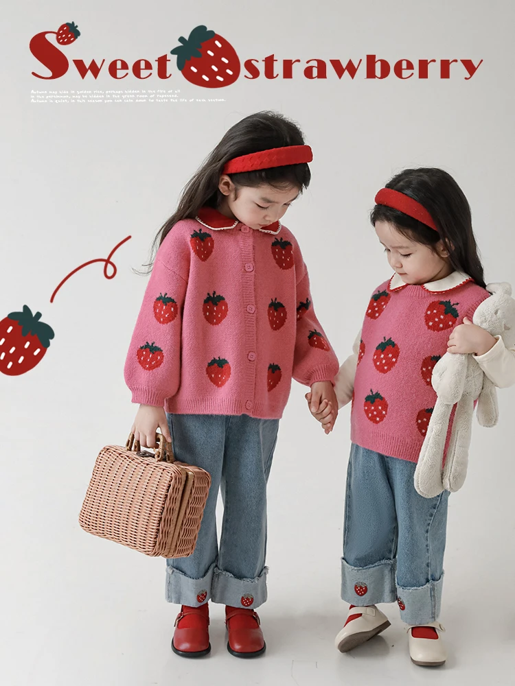 Girls\' Autumn Set Children\'s Lapel Shirt Little Strawberry Embroidery Sweater Cardigan Waistcoat