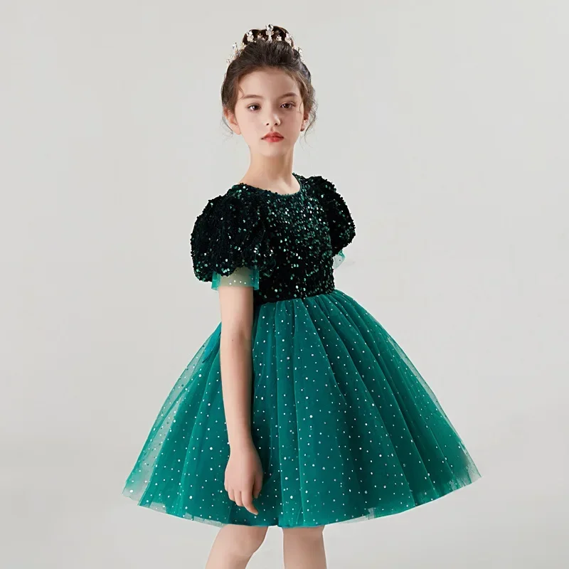 

2023 Girls Autumn Long Sleeve Sequin Mesh Ball Gown Dress Stage Performance Princess Dress Kids Sweet Host Dresses 3-14Years