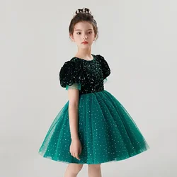 2023 Girls Autumn Long Sleeve Sequin Mesh Ball Gown Dress Stage Performance Princess Dress Kids Sweet Host Dresses 3-14Years