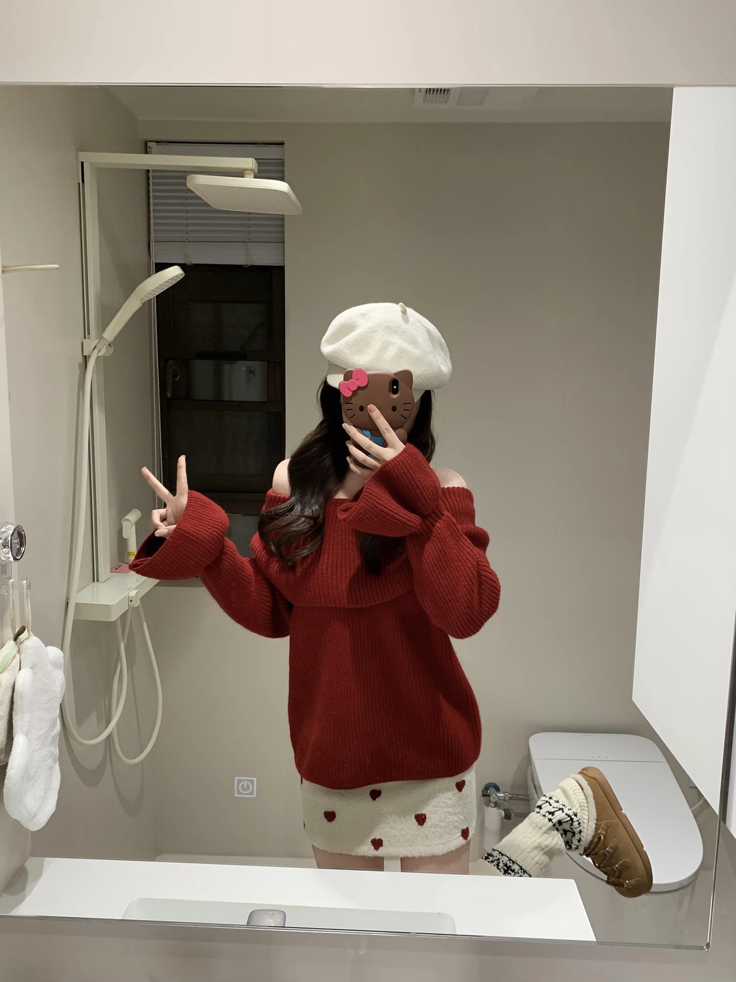 Red Knitted Sweater Women's Winter Lazy Sle Slant Collar oulder Exposure Loose Warmth Small Faionable Knitwear