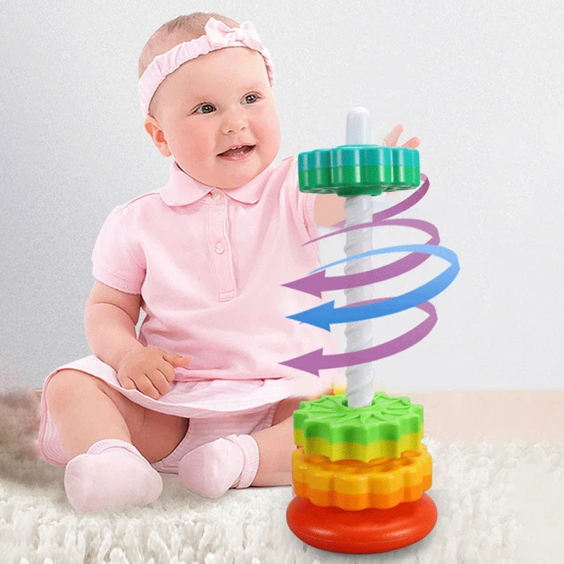 Montessori Rotating Rainbow Tower Baby Stacking Puzzle Toys Safety and Environmental Protection Colored Children\'s Toys Boy Girl