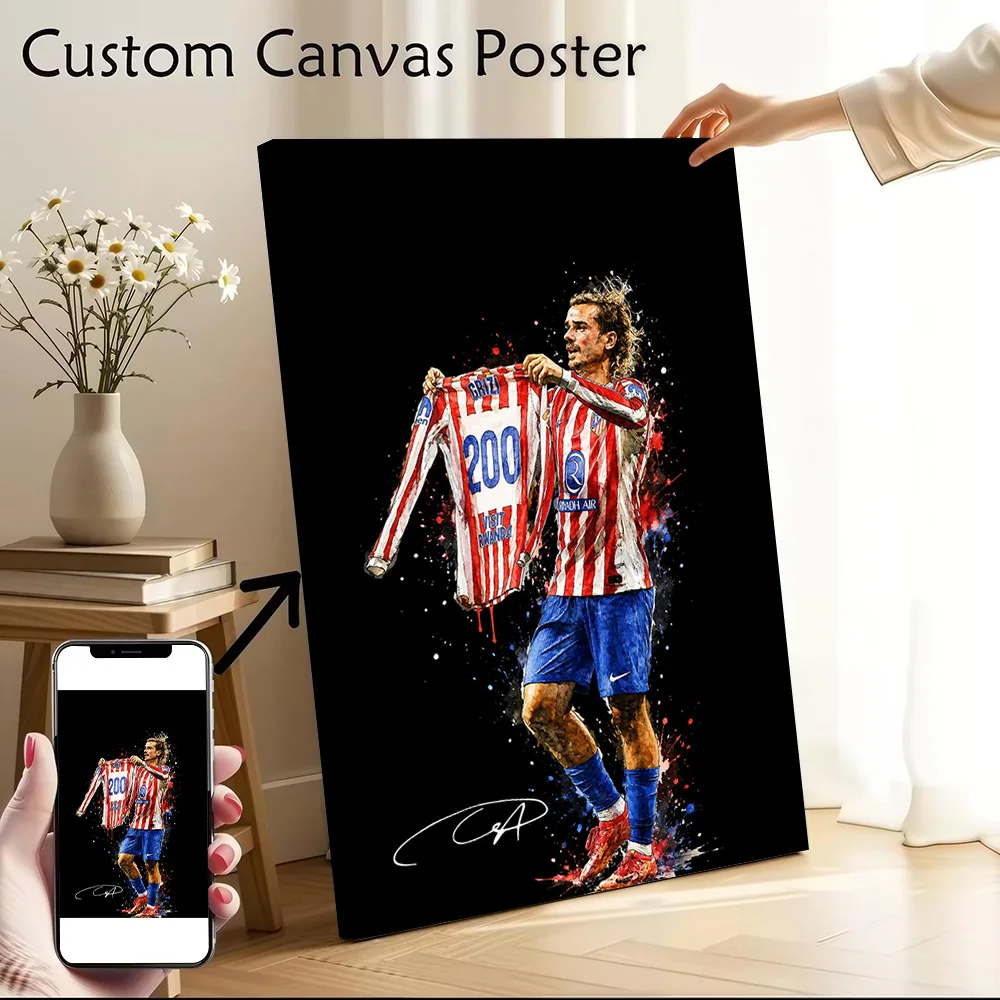 Póster de Lona Impresa de Antoine Griezmann con la Camiseta del Atlético de Madrid, Cuadros Decorativos de Pared Personalizados de Alta Calidad para Dormitorio