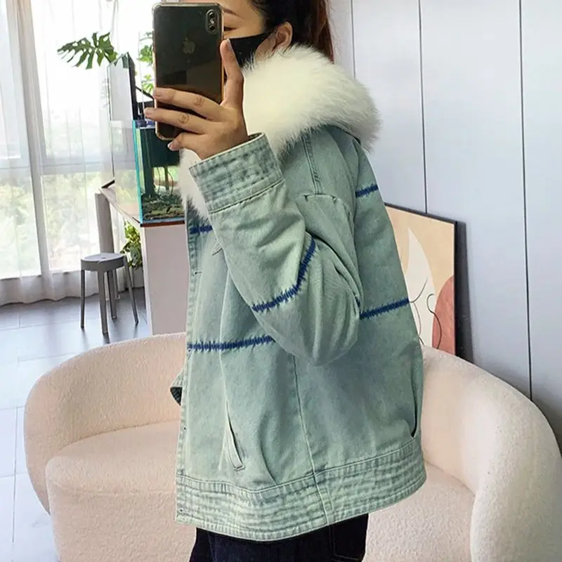 Lady Winter Women New Luxury Natural Fox Fur Big Collar Down Denim Down Jackets Warm Casual Jacket Coat