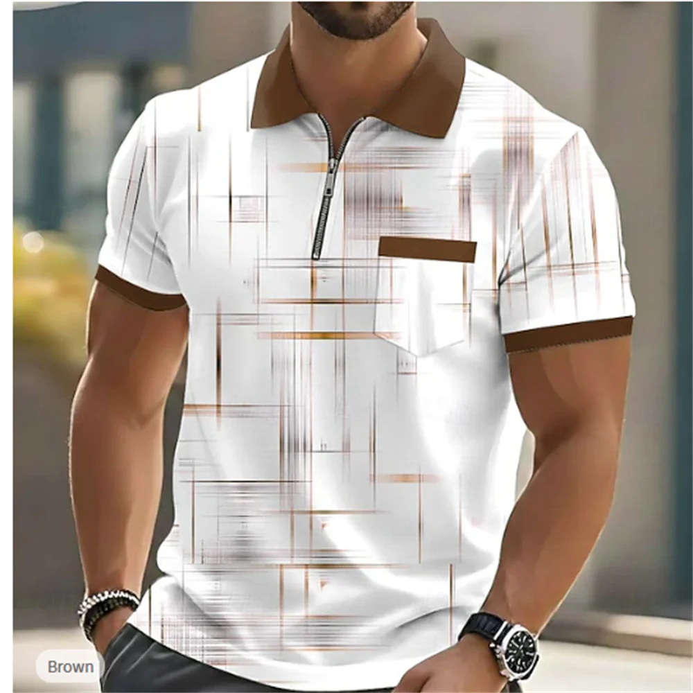 Men's Half Zip Polo Shirts 2026 New Abstract Plaid Print Short Sleeve Lapel Pocket Tee Summer Casual Business Golf Polo Top Male