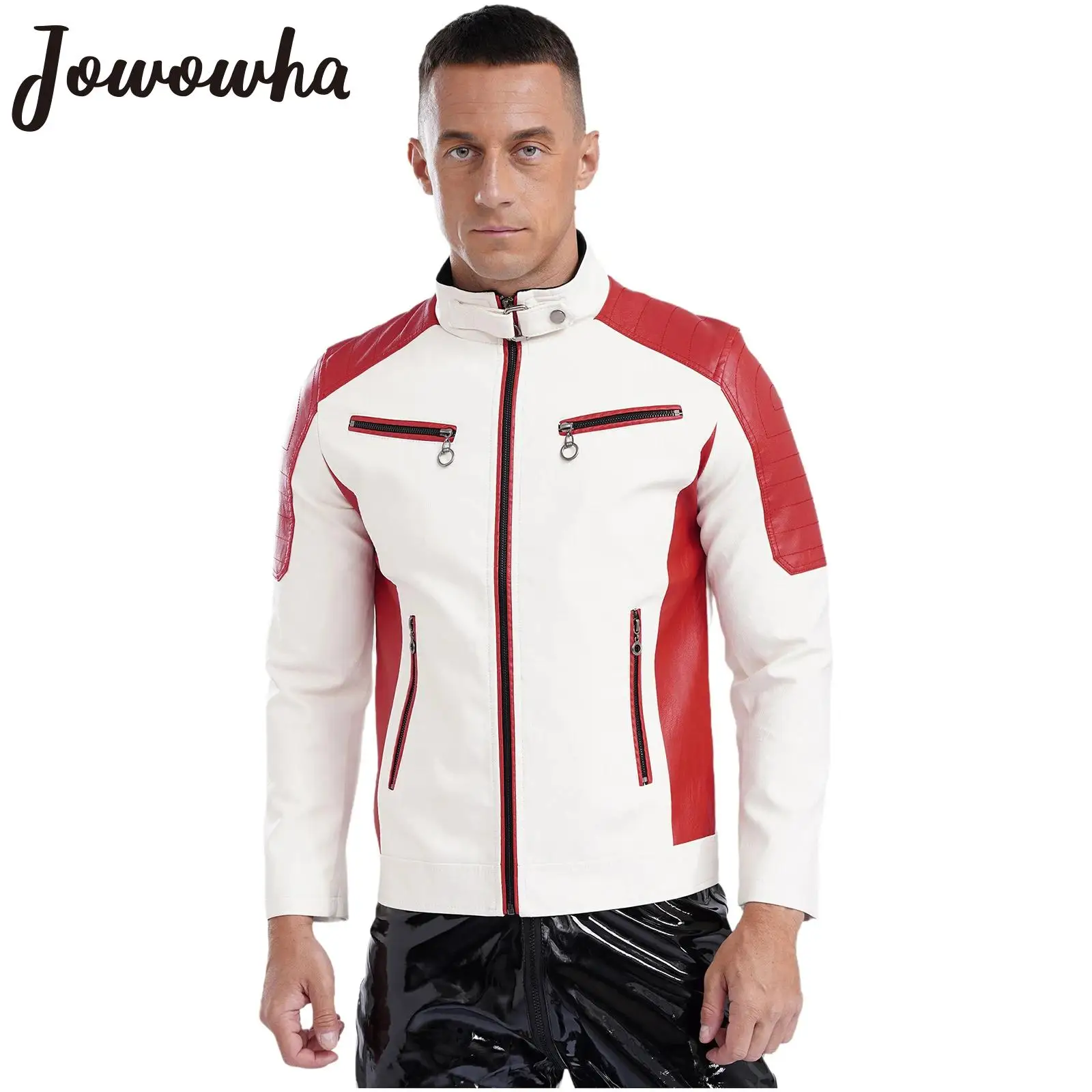 

Mens PU Leather Racing Motorcycle Jackets Coat Long Sleeve Front Zipper Contrast Outerwear Windproof Bomber Jacket Streetwear