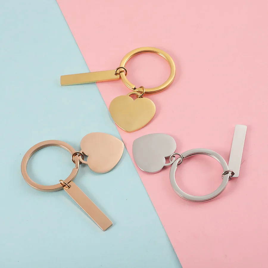 10Pcs/Lot Mirror Polish Stainless Steel Heart Bar Key Chain Key Ring For DIY Women Men Jewelry Making Gifts