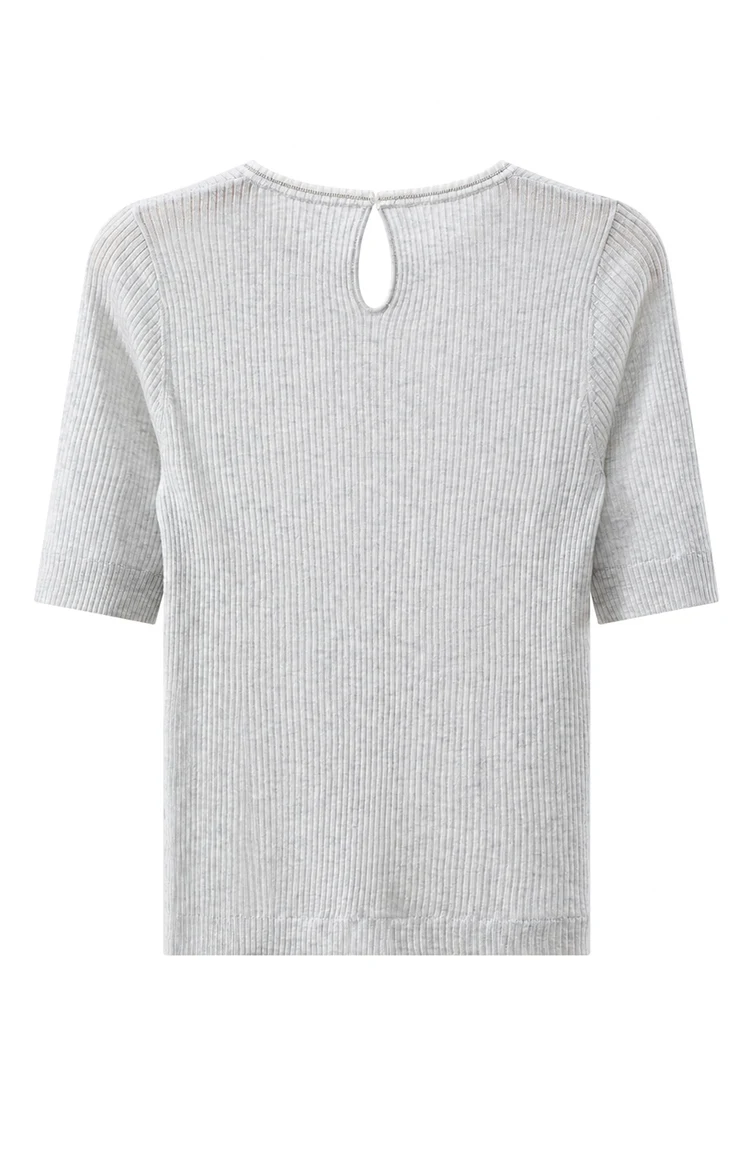 BY3621584 Damen-Pullover mit Rundhalsausschnitt aus Wollmischung, gerippt, kurze Ärmel, Kontrastkragen, Kettenverzierung, Schlüsselloch am Rücken, dezenter Luxus für den Herbst – Detail 16