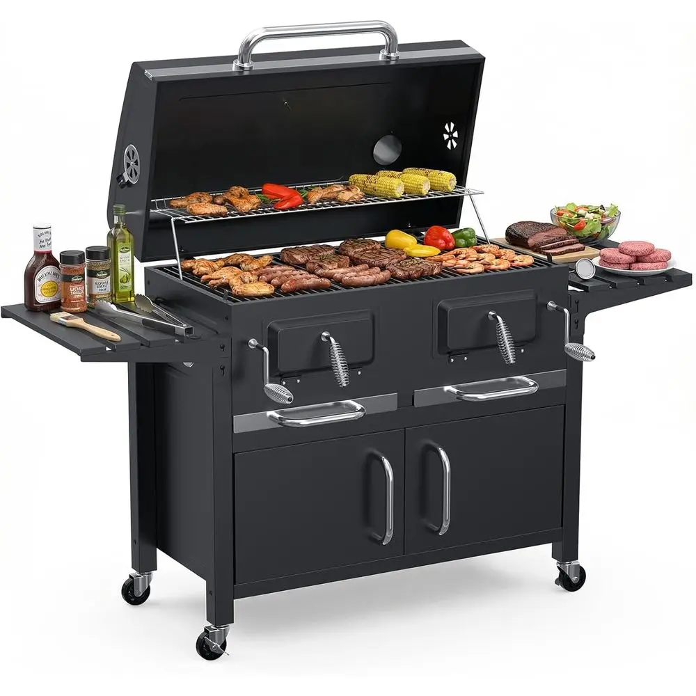 

Угольный гриль и коптильня для барбекю, 3-х уровневая эмалированная решетка для приготовления пищи с двойными регулируемыми подносами для угля, 4-блокируемое колесо + складная боковая сторона Pr