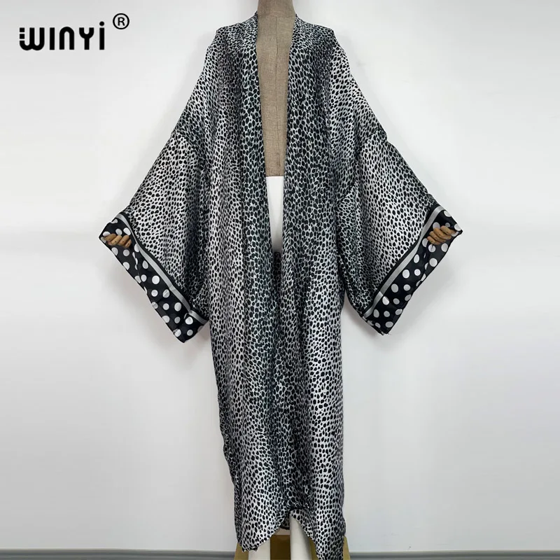 2022 WINYI Summer Beach Wear Swim Suit Cover up sweet lady boho Cardigan Leopard Print sexy Holiday long Sleeve Kimono kaftan