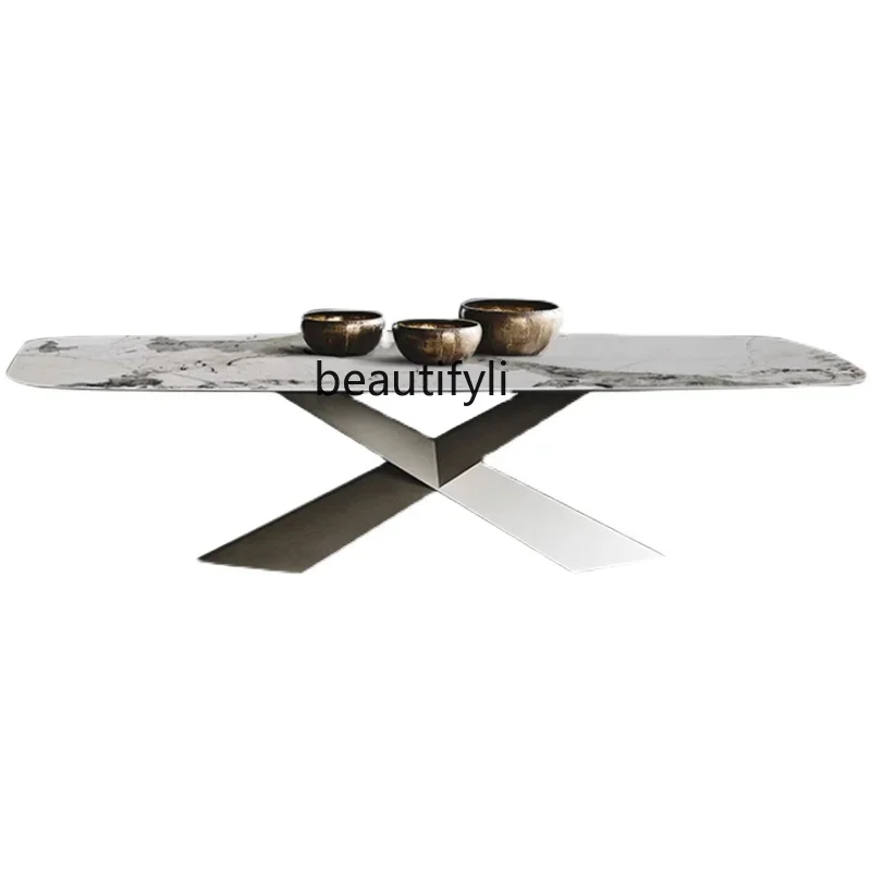 

Bright rock slab dining table, modern simple light luxury rectangular household small apartment creative marble dining table