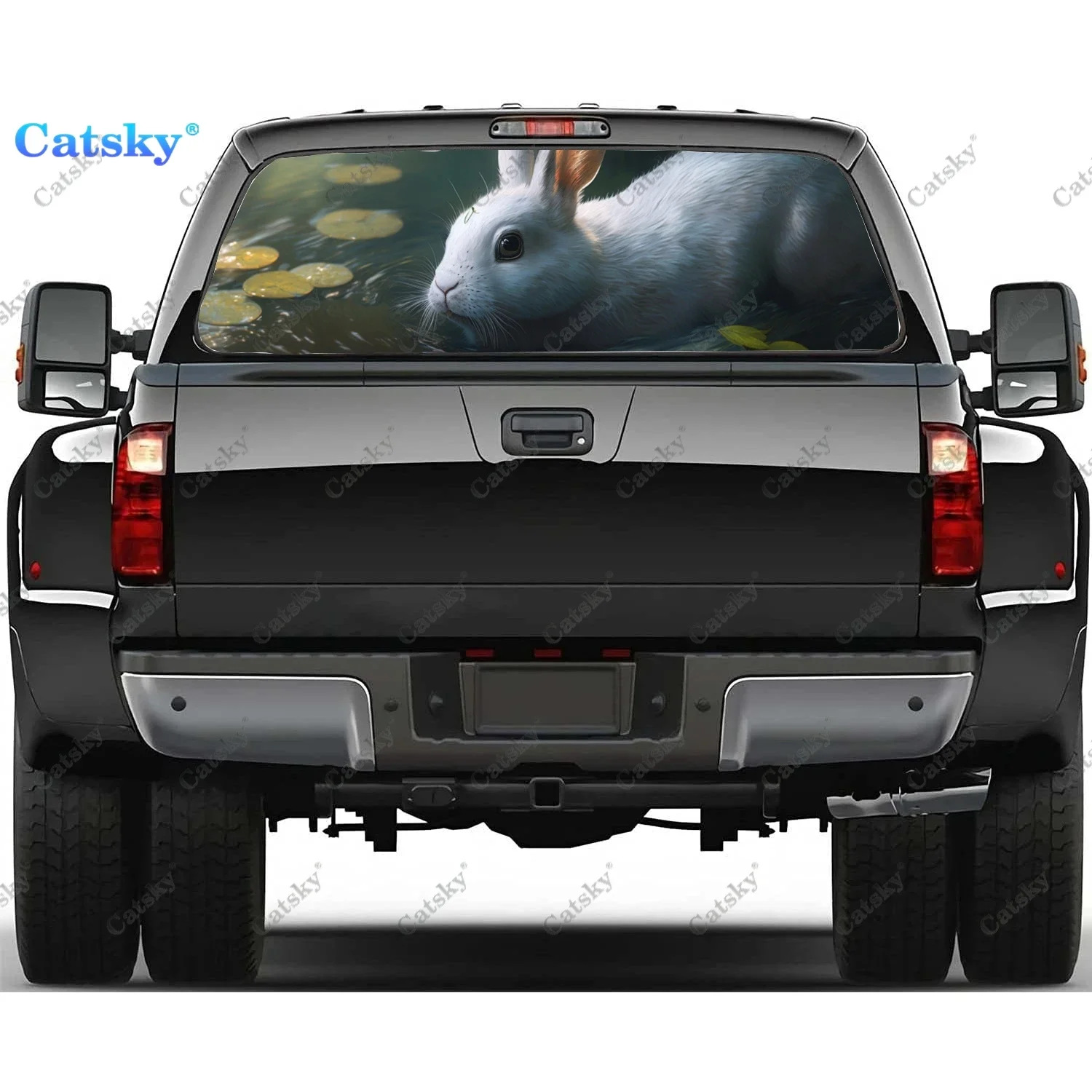 Cute White Rabbit Fluffy Bunny Rear Window Decal Fit Pickup,Truck,Car Universal See Through Perforated Back Window Vinyl Sticker