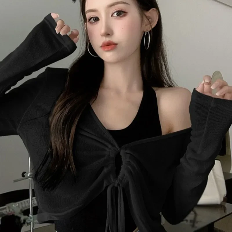 Knitted Sunscreen Hoodie Women's Summer Design Silk Long Sleeve T-shirts Drawstring Irregular Tops