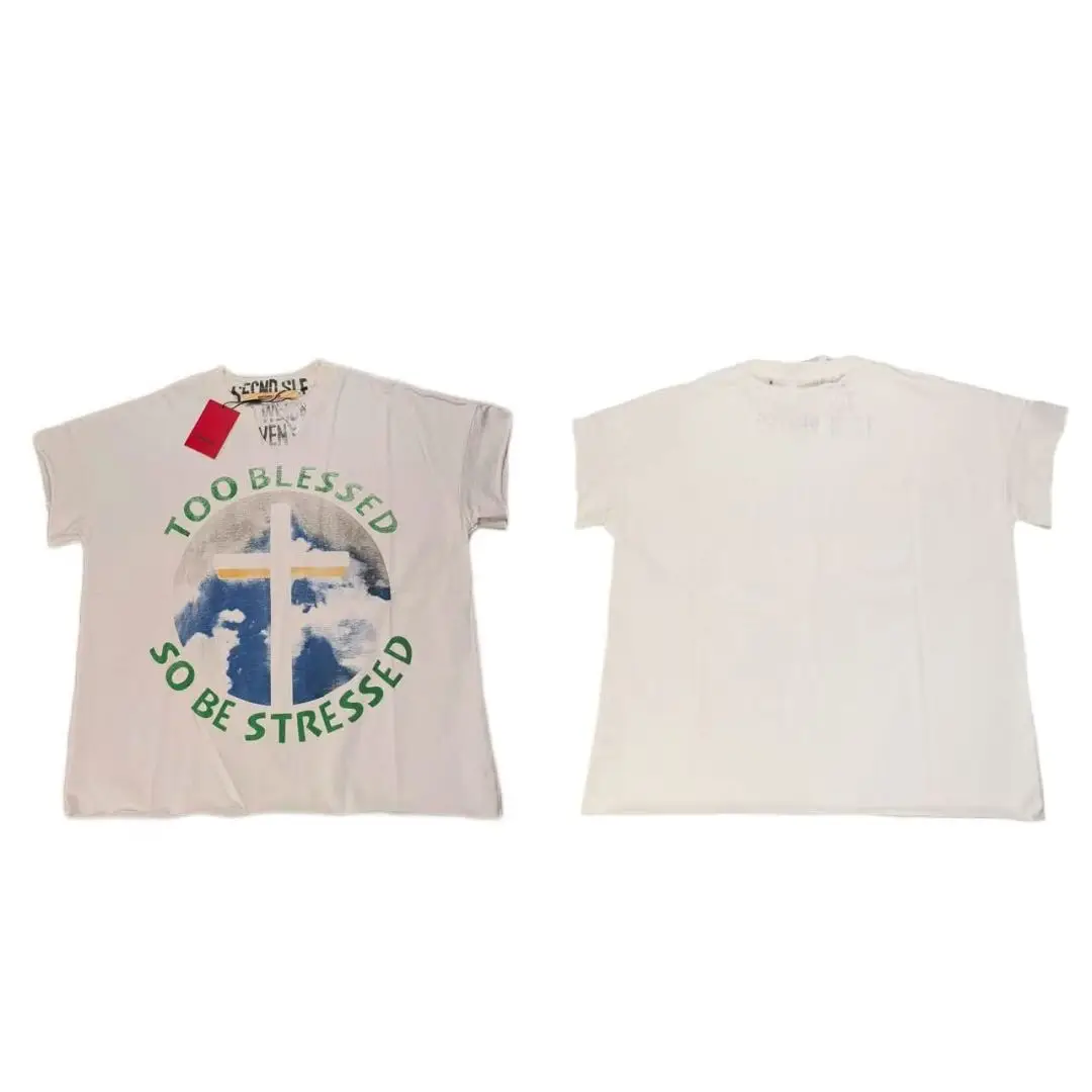26ss Vintage Washed Cross Letter Print T-shirt Oversized Loose Cotton Short Sleeve Tee High Quality HipHop Streetwear Casual Top