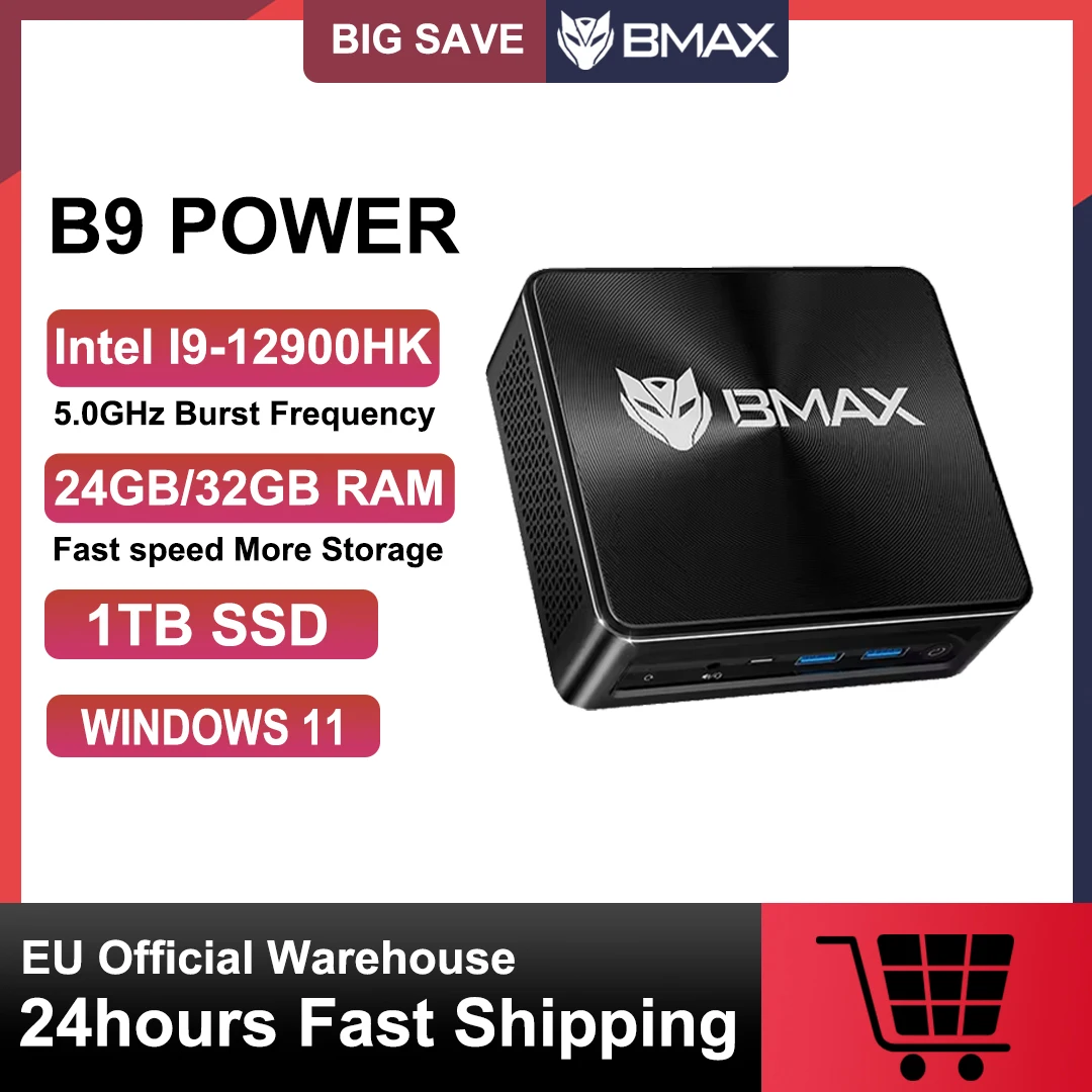 BMAX Mini PC B9 POWER Intel Core i9-12900H Max. 5,0GHz 24GB DDR5 32GB DDR4 RAM 1TB SSD WiFi 6 Bluetooth 5.2 Windows 11 Desktop PC