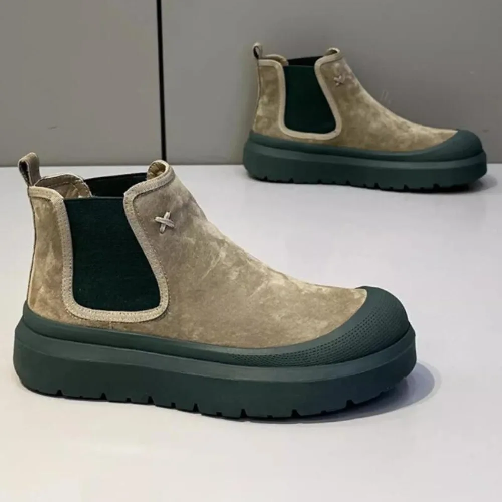 اليدوية جلد طبيعي الرجال الأحذية جولة تو الرجعية سميكة سوليد حذاء من الجلد منصة مسطحة تشيلسي الأحذية 2025 #5