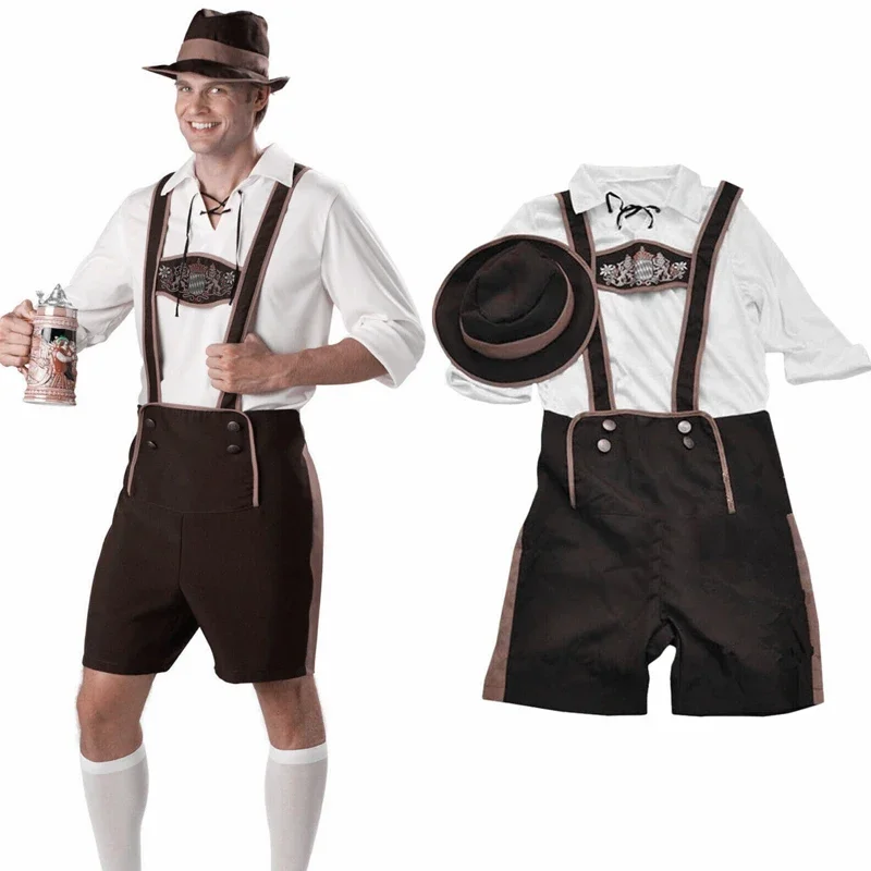 Men Boy Bavarian Leather Shorts German Oktoberfest Rave Party Uniform Set Beer Guy Costume Bib Pants Cospaly Menswear