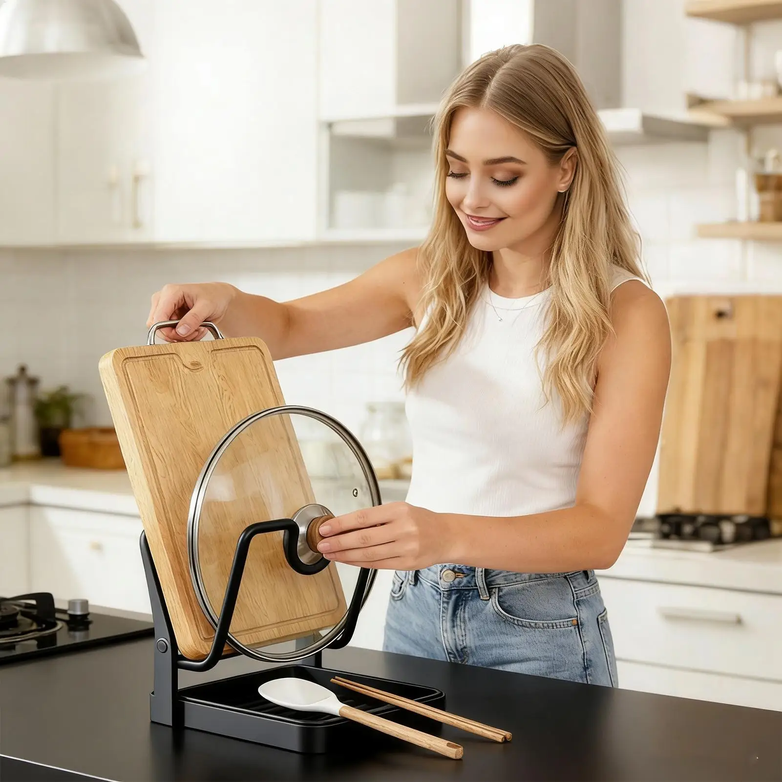 Pot Lid Rack Space Saving Anti-Slip Kitchen Stand Pot Lid Storage Organizer Drying Holder for Ladle Spatula Spoon Plate Dish