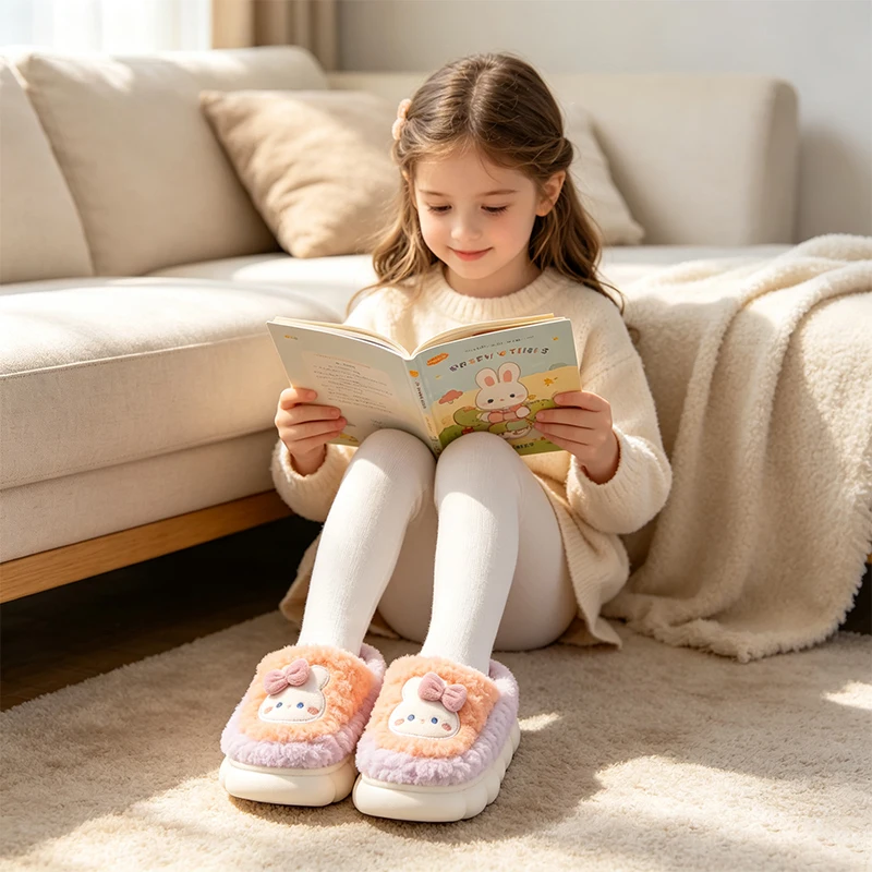 Cute Cartoon Kids Plush Slippers Warm Fuzzy Cloud Thick Sole Non‑Slip Indoor Home Slippers for Boys Girls Winter House Shoes