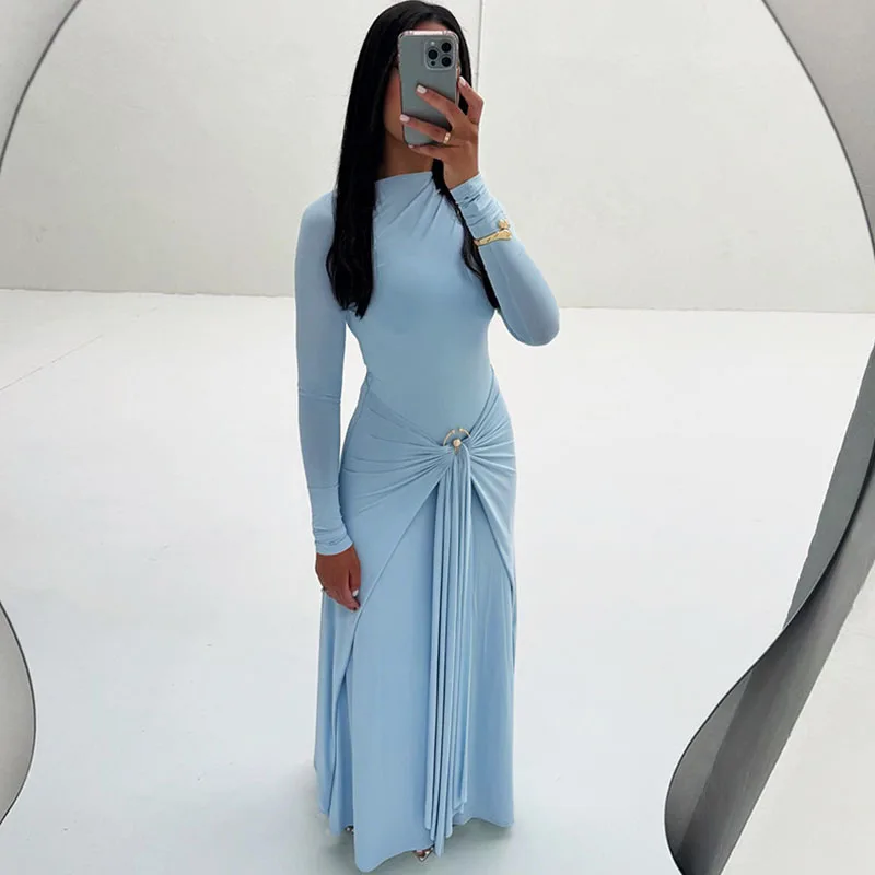 Elegante Metall Ring Geraffte Band Party Abendkleid Frauen Nachtclub Promi Lange Hülse O-ansatz Prom Bodycon Maxi Kleid Robe