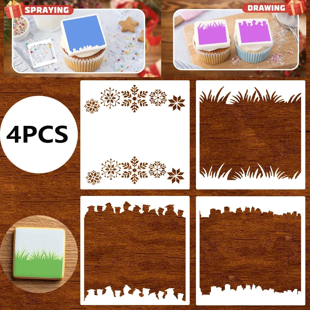 4Pcs Cake Stencils, Snowflake & Grass Patterns, Food Grade PET Templates for Baking, Cookie, Journal & DIY Wall Painting Decor