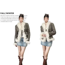 Chic Design Sense Niche Patchwork Fur Collar Jacket Short Coat Women Autumn Winter 2023 New Outerwear Casual Retro Street Style