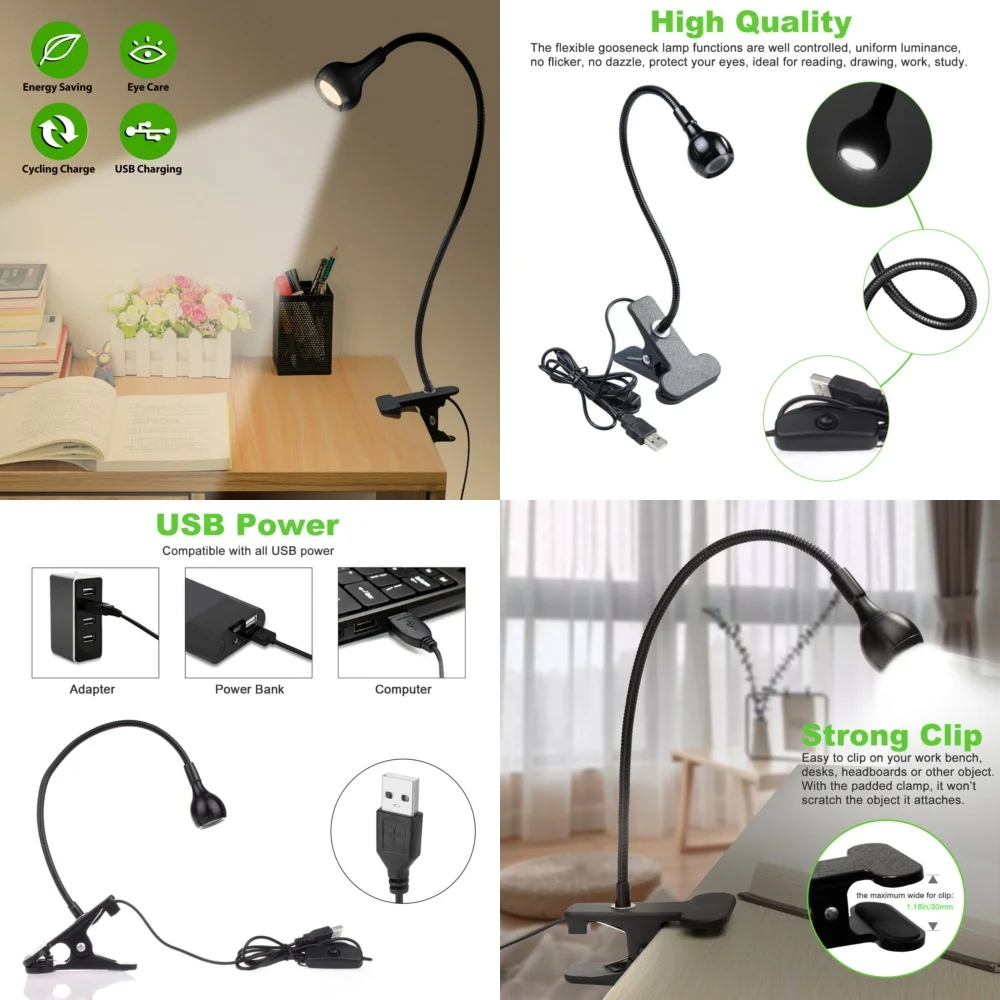 

PlugUSB LED Reading Light Flexible Gooseneck Book Lamp with Clip for Bedside Desk Office Study Portable Night Lightin Desk Lamps
