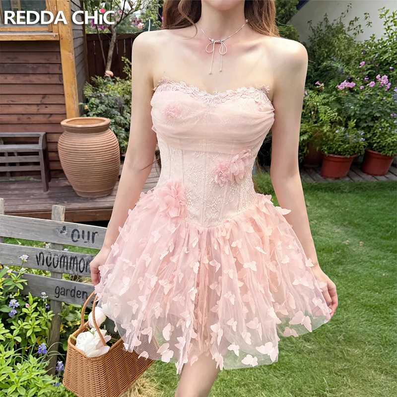 ReddaChic Sequined Lace Puffy Party Dress Women Evening 3D Flower Sprakle Strapless Slim Ruffle Mini Party Gown Cutecore Costume