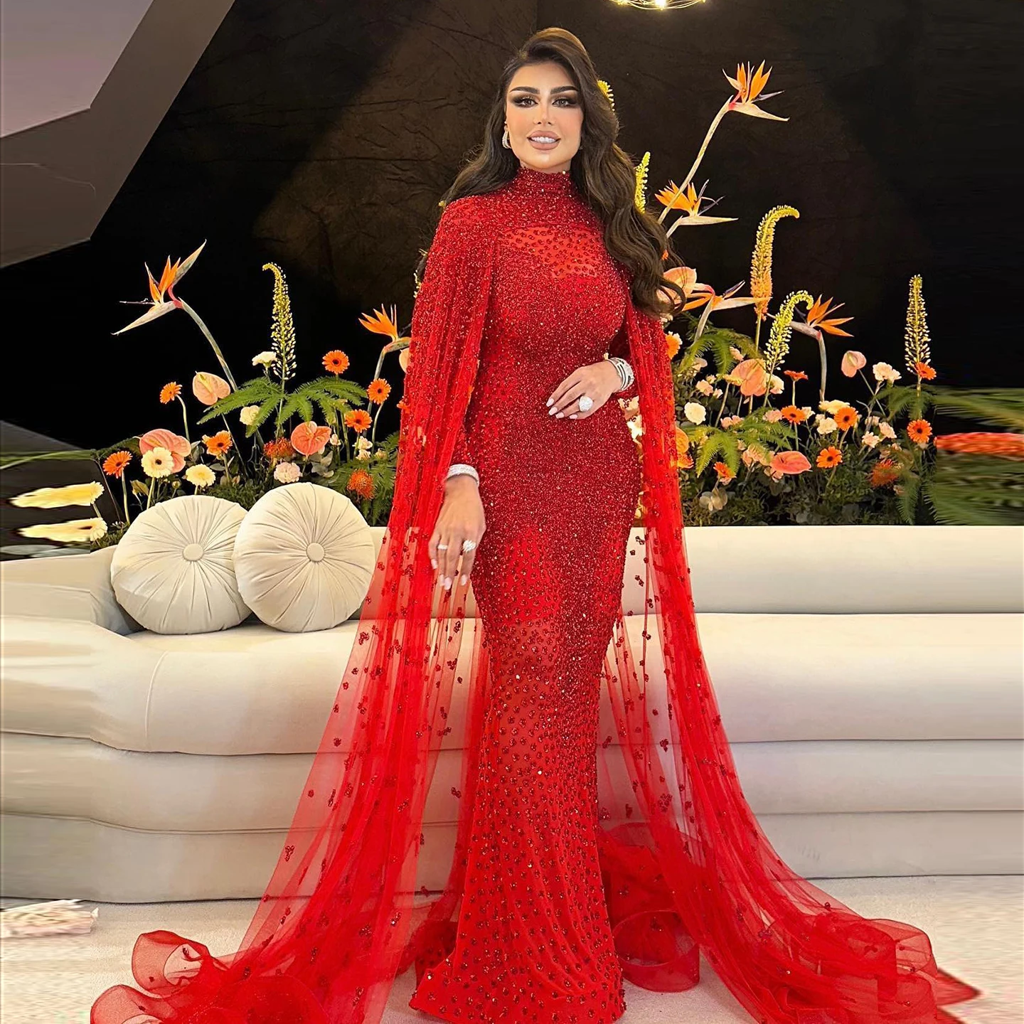 

Sharon Said Luxury Pink Muslim Evening Dress with Cape Sleeves Mermaid Green Burgundy Arabic Wedding Party Gown SS202 Customized
