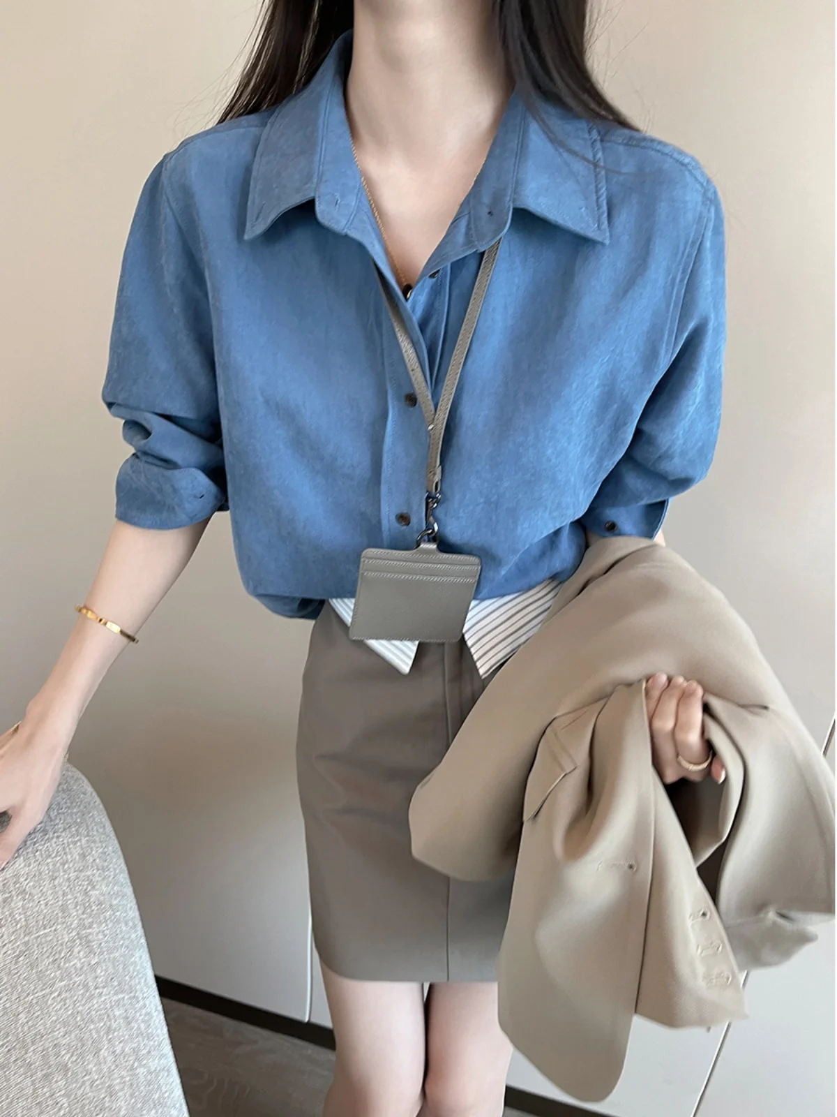 

Женские свободные брюки Blue Ne Long Sve irt, осеннее новое поступление, универсальное повседневное классическое однотонное платье