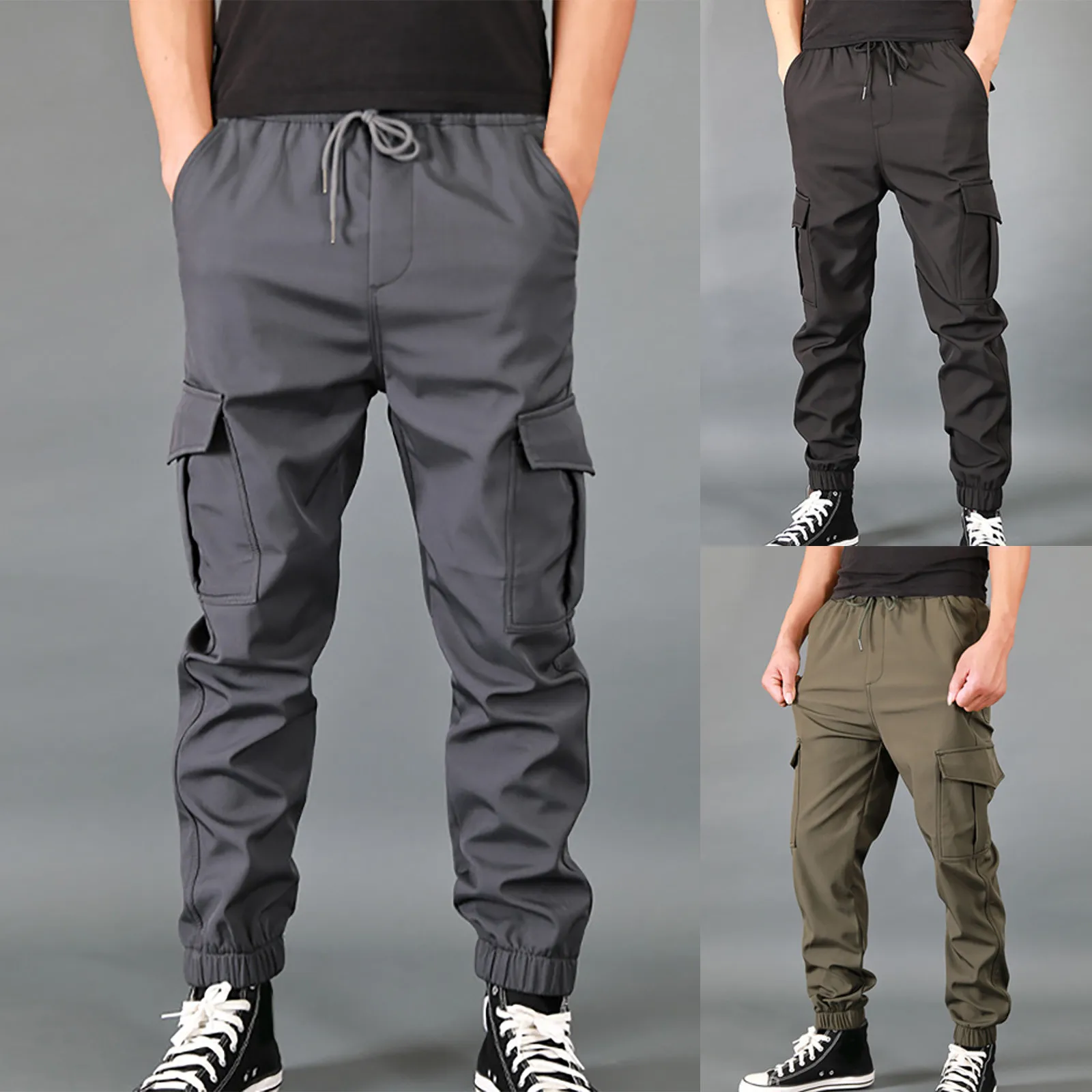 

Trousers Multi Pocket Fashion Mens Casual Cotton Simple Solid Cargo Pants Loose Overalls Drawstring Pantalones De Hombre 2024