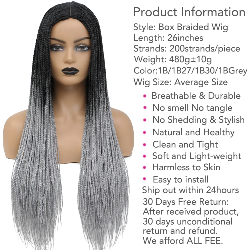 Long Braided African Wig Handmade Box Braids Wig Natural Synthetic Braiding Hair For Women Soft Glueless Wigs peluca con trenzas