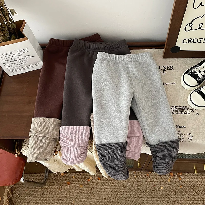 

Girls' Fleece Thickened Leggings Autumn Winter One-Piece Patchwork Long Pants Children's Warm Stretchy Leggings