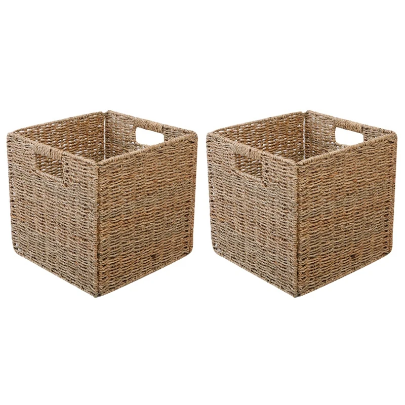 

2X Woven Seagrass Farmhouse Kitchen Storage Organizer Basket Bin With Handles For Cabinets,Pantry,Bathroom,Laundry Room