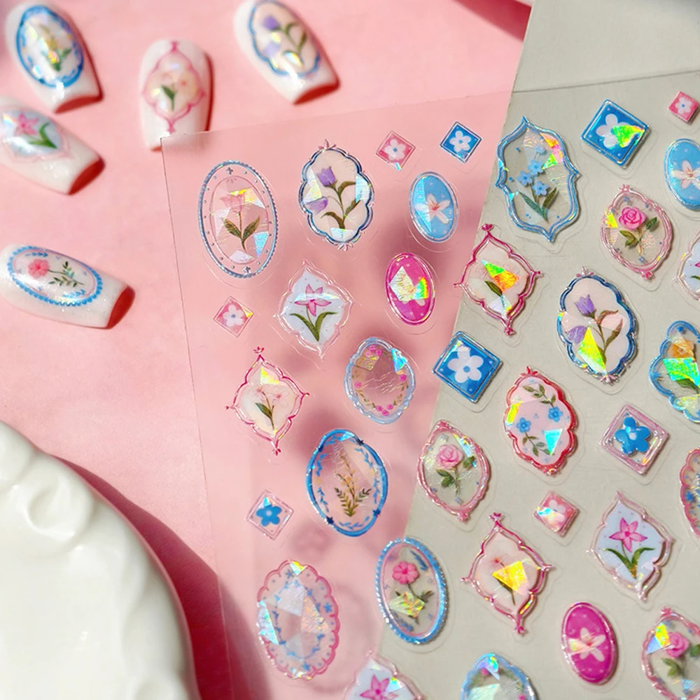 Adesivo floreale colorato per nail art Motivi da giardino estivo Petali di fiori succosi Motivi botanici dimensionali Decalcomania adesiva per manicure