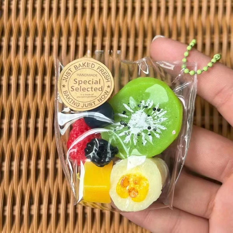 Kawaii Simulation Stress Relief Toy Sticky TPR Mini Fruit Bag Keychain Pendant Relief Super Soft Squeeze Toy Gifts For Kids