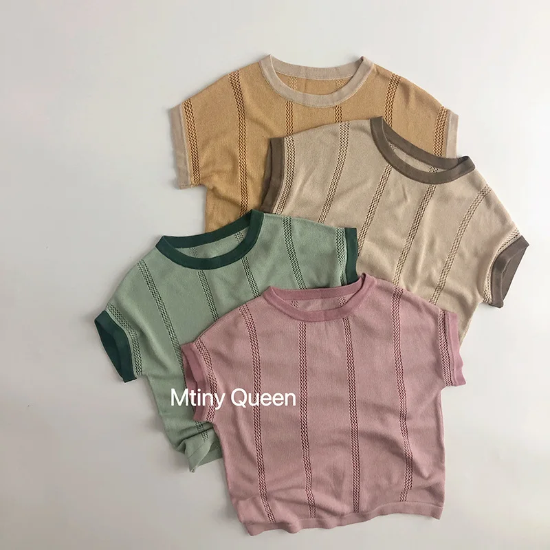 Korean Summer Childrens Base Sweater T-shirt Fashionable Simple Solid Color All-match Casual Hollow Out Knitted T-shirt