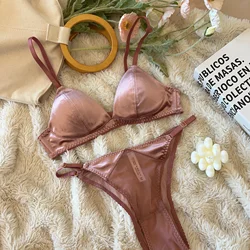 Sexy triangle cup velvet underwear female thin section of large breasts show small lingerie without steel ring bra set